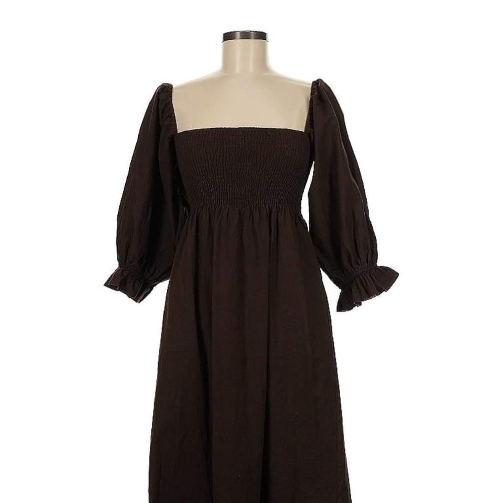 Brown Ruched Smocked Midi Dress with Bishop Sleeves